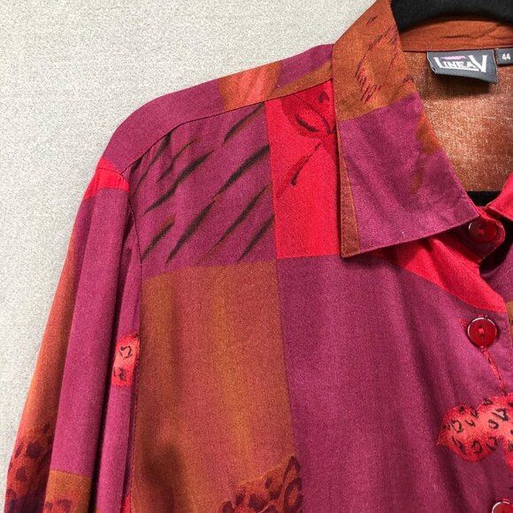 VTG Long Sleeve Blouse Womens L Leaf Print Rayon Wine Red Twee Quirky Unique - Picture 6 of 10